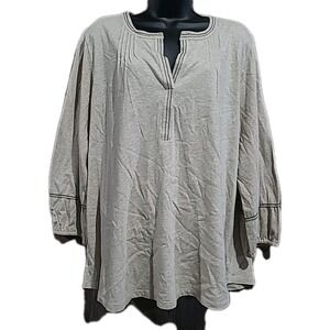 Pure Jill Elements Split Neck Embroidered Top Lg Relaxed Fit Beige Pleated Back